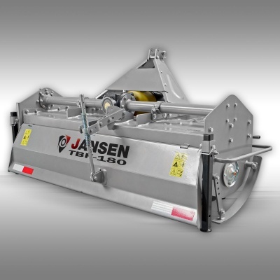 Máquina agrícola metálica cinzenta com texto JANSEN TBF-180