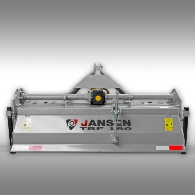 equipamento agrícola metálico JANSEN TBF-180 cinzento com etiquetas amarelas e vermelhas