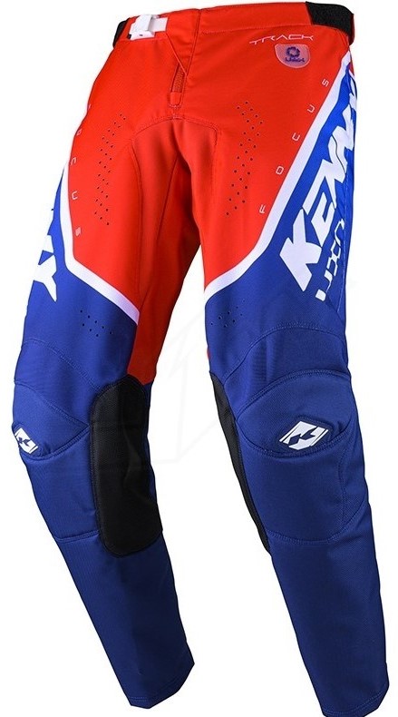 Conjunto Calça e Camisola Kenny Track Focus 24 Patriot Calças de motocross vermelhas, azuis e brancas com textos e logótipos