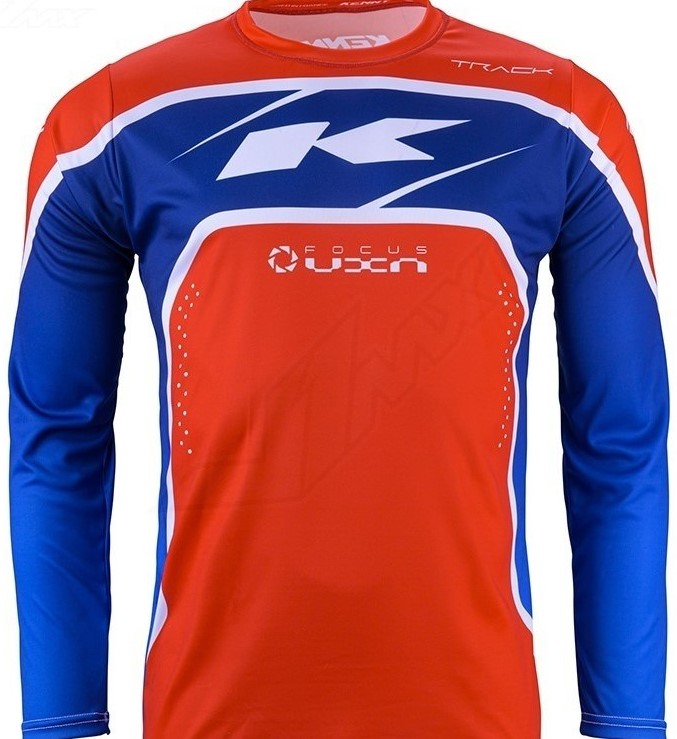 Conjunto Calça e Camisola Kenny Track Focus 24 Patriot Camisola desportiva de manga comprida azul, vermelha e branca com texto 'K', 'TRACK' e 'FOCUS UXCN'