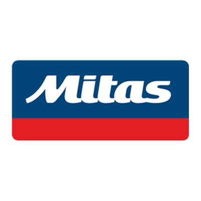 Logótipo da marca Mitas em fundo azul e vermelho com texto branco