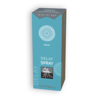 Embalagem de spray azul e cinza para homens com texto Delay Spray e Shasu