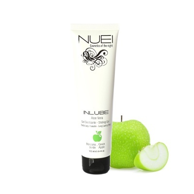 Gel deslizante NUDEI INLUBE com aloe vera e maçã verde, embalagem branca com tampa preta e maçã verde ao lado