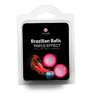 Embalagem preta com duas bolas rosas e texto Brazilian Balls TRIPLE EFFECT