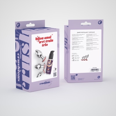 Caixa lilás com conjunto de três plugs anais metálicos e lubrificante