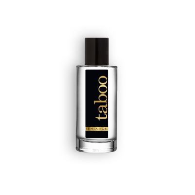 Frasco de perfume Taboo com etiqueta preta e texto amarelo