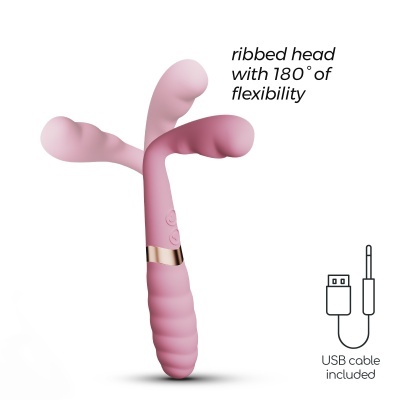 Vibrador rosa flexível com cabo USB incluído em fundo branco
