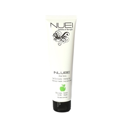 Gel deslizante NUDEI INLUBE em tubo branco com tampa preta e ilustração de maçã verde