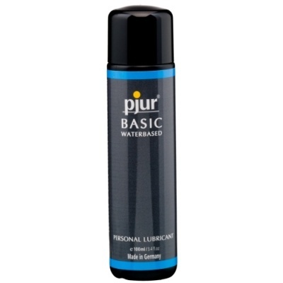 Frasco preto de lubrificante pessoal pjur Basic Waterbased com detalhes azuis.