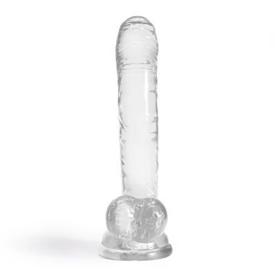 Dildo transparente com base de ventosa em fundo branco