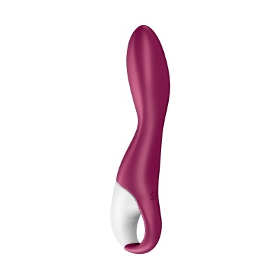 Vibrador cor rosa e branco em silicone com formato curvado e alça na base
