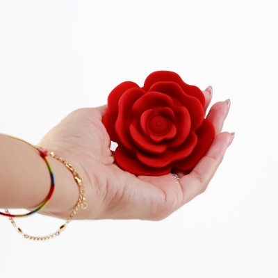 Flor vermelha em forma de rosa segurada por uma mão com pulseiras