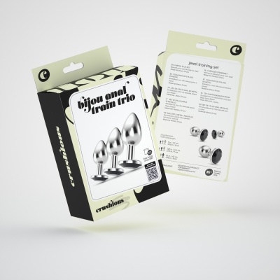 Conjunto metálico para treino anal de três peças em embalagem preta e verde