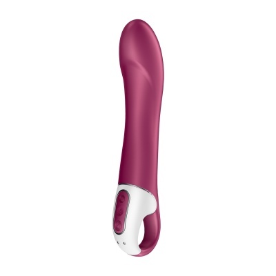 Vibrador vinho com base branca e botões, fundo branco