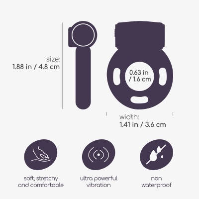 Produto sexual roxo com dimensões e características técnicas