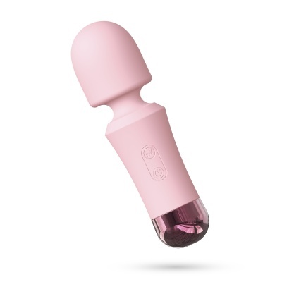 Vibrador de mão cor de rosa com cabeça arredondada e botão de controlo