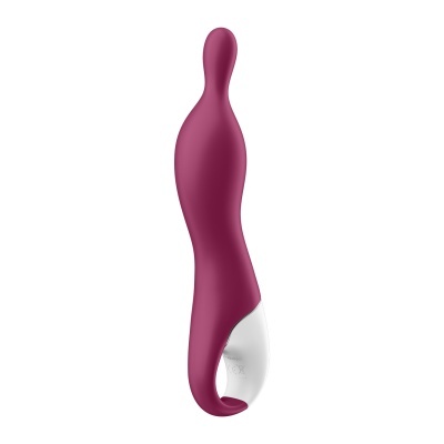Vibrador feminino violeta com base branca sobre fundo branco
