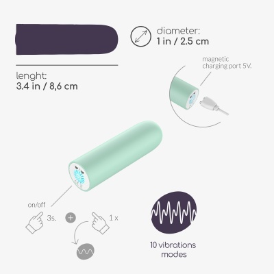 Vibrador pequeno verde menta com botão on/off e carregamento magnético