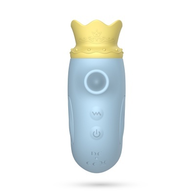 Dispositivo eletrônico azul claro com botões e tampa amarela em forma de coroa