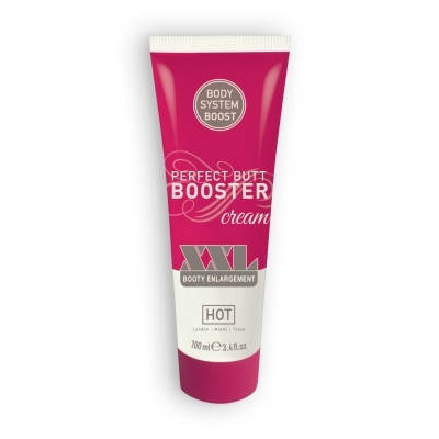Tubo de creme cor-de-rosa e branco com texto Body System Boost Perfect Butt Booster cream