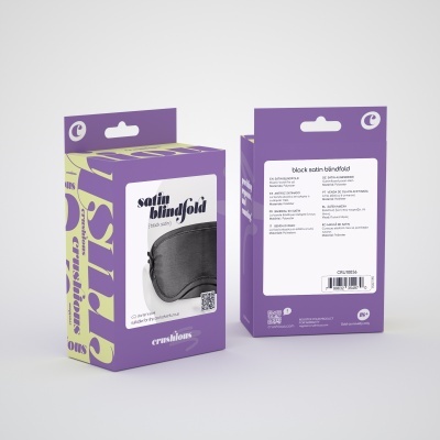 Embalagens roxas para máscaras de dormir de cetim preto com texto e código de barras