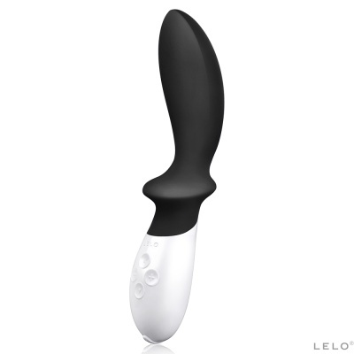 Vibrador preto e branco com botões em relevo e design anatómico