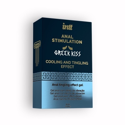 Embalagem azul escura e clara com texto dorado e branco para gel de efeito de estimulação anal Greek Kiss.