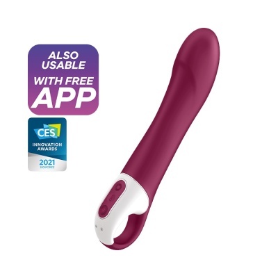 Vibrador vinho com alça branca, botões e selo CES Innovation Awards 2021