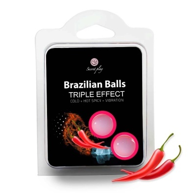 Embalagem preta de Brazilian Balls TRIPLE EFFECT com bolas rosas e pimentas vermelhas.