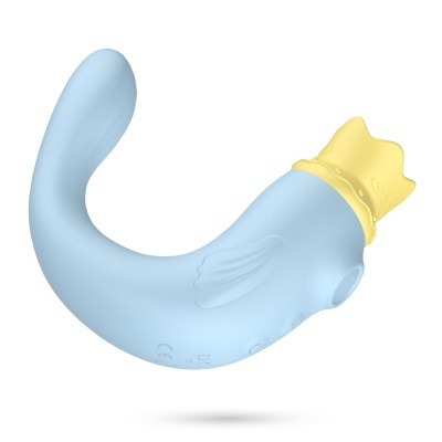 Brinquedo azul claro em silicone com detalhe amarelo em formato de coroa