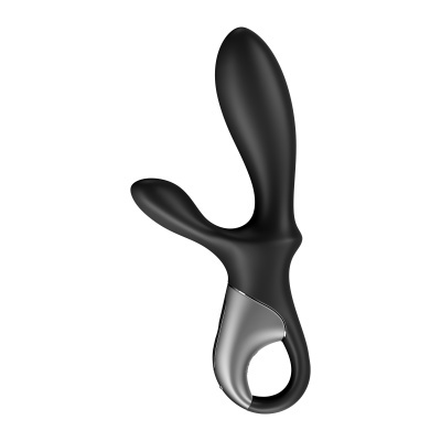 Vibrador preto ergonómico em silicone com detalhe prateado em fundo branco