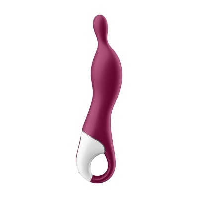 Vibrador vinho com base branca e design curvo sobre fundo branco