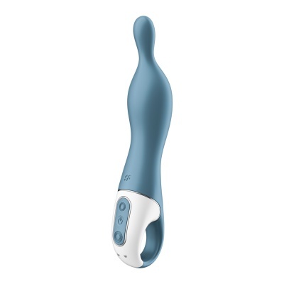Vibrador azul em silicone com botão de controlo branco e azul