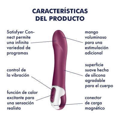 Dispositivo sexual vibratório roxo com texto em espanhol sobre características do produto