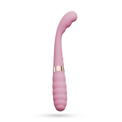 Vibrador rosa com design curvo e faixa metálica