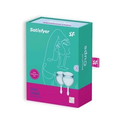 Embalagem Satisfyer Curvy Silver verde água e violeta com desenhos e textos