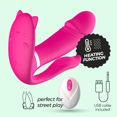 Vibrador cor-de-rosa com formato de gato e controlo remoto em fundo verde
