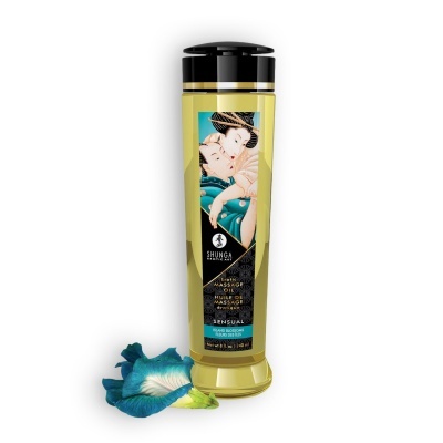 Frasco amarelo de óleo de massagem Shunga Sensual com tampa preta e ilustração de casal no rótulo