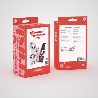 Conjunto de treino anal com três plugues metálicos e lubrificante em embalagem vermelha