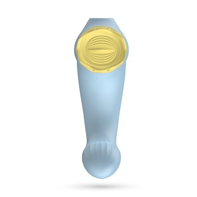 Produto azul com topo amarelo com padrões circulares em fundo branco