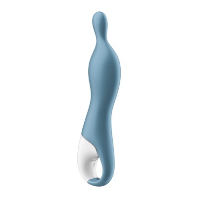 Vibrador azul com base branca e design curvo em fundo branco