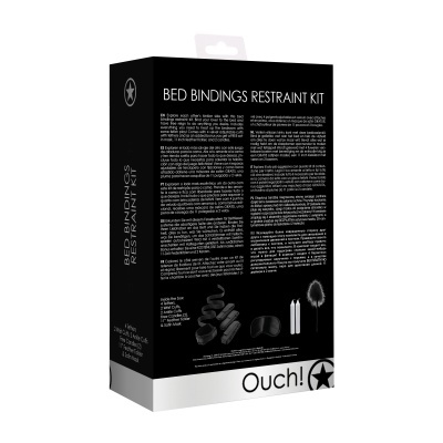 Embalagem preta e branca do kit 'BED BINDINGS RESTRAINT KIT' com texto e imagens dos componentes
