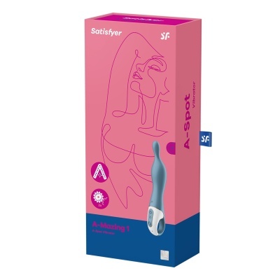 Embalagem rosa e azul do vibrador Satisfyer A-Mazing 1 com ilustração e texto