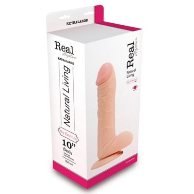 Embalagem branca com detalhes rosa para dildo Real Natural Living EXTRALARGE
