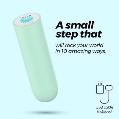 Produto cilíndrico verde menta com texto promocional e ícone de cabo USB