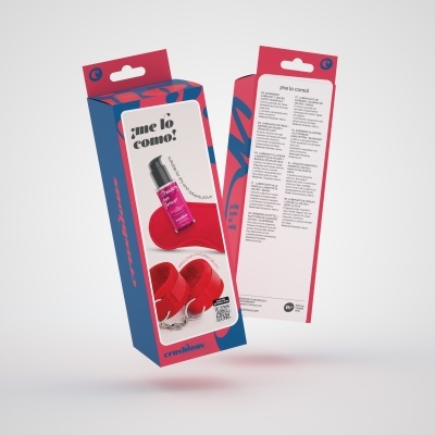 Embalagem de produto com frasco rosa e acessórios vermelhos