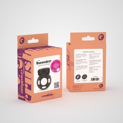 Embalagens laranja e roxo de anel vibratório preto 'booster vibrating cockring' com texto em inglês.