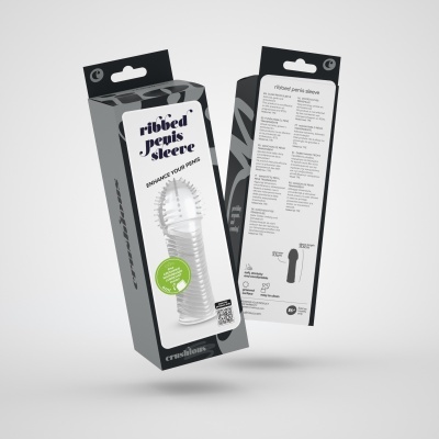 Embalagem de produto com texto 'ribbed penis sleeve' e imagem do acessório transparente com textura