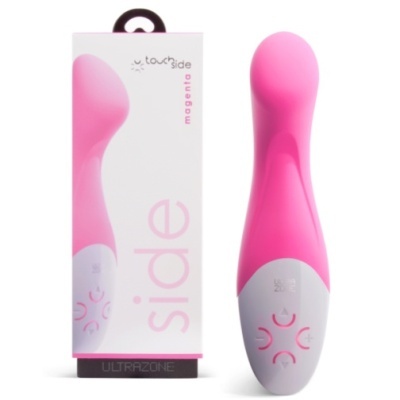 Vibrador magenta com punho branco e embalagem com texto
