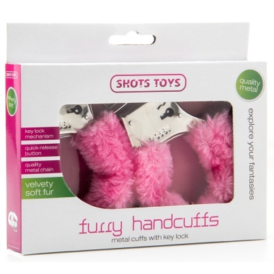 Algemas cor-de-rosa felpudo embaladas em caixa branca com texto e informações visíveis